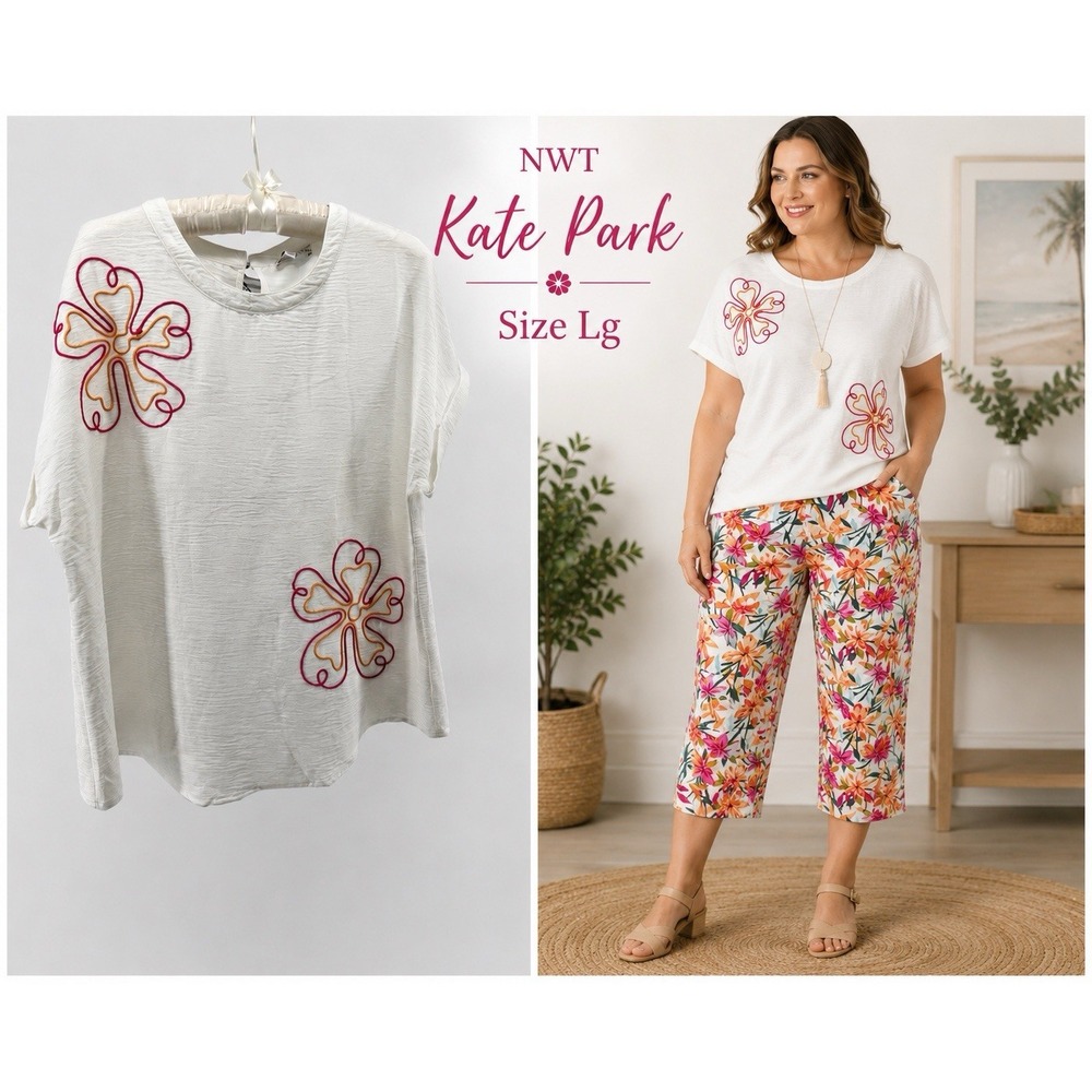 NWT Kate Park Boho Floral Embroidered Blouse Ivory Textured Top Size L Resort